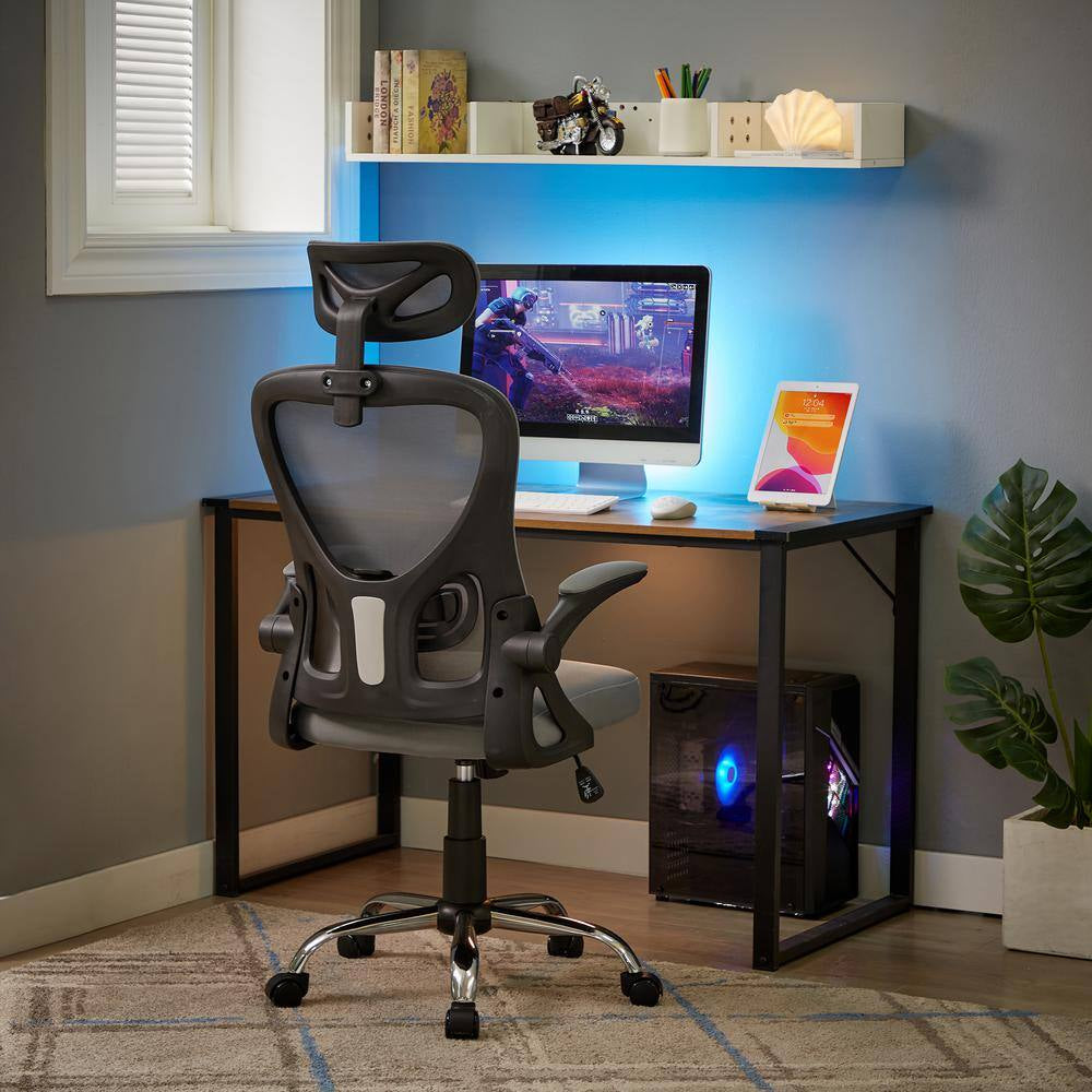 Fabric Office Chair High Back Ergonomic Adjustable Headrest Armrest Mesh Lumbar Support Task Chair in Gray with Arms