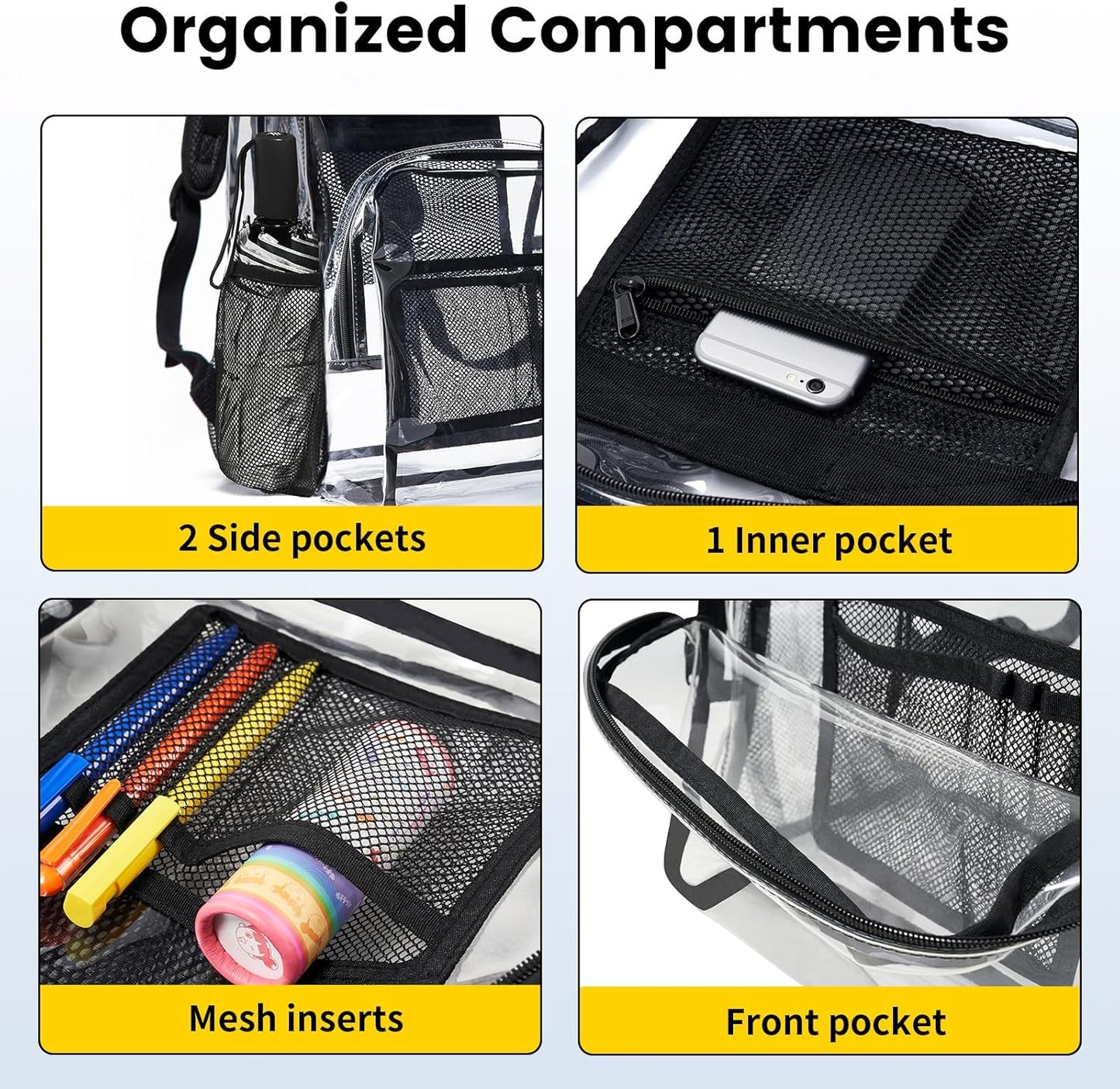 Clear Backpack Heavy Duty PVC Transparent Backpack with Reinforced Strap Stitches & Large Capacity for College Workplace Security - Black