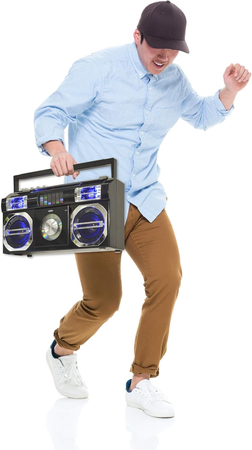 SB2145B 80'S Retro Street Bluetooth Boombox with FM Radio, CD Player, LED EQ, 10 Watts RMS Power and AC/DC