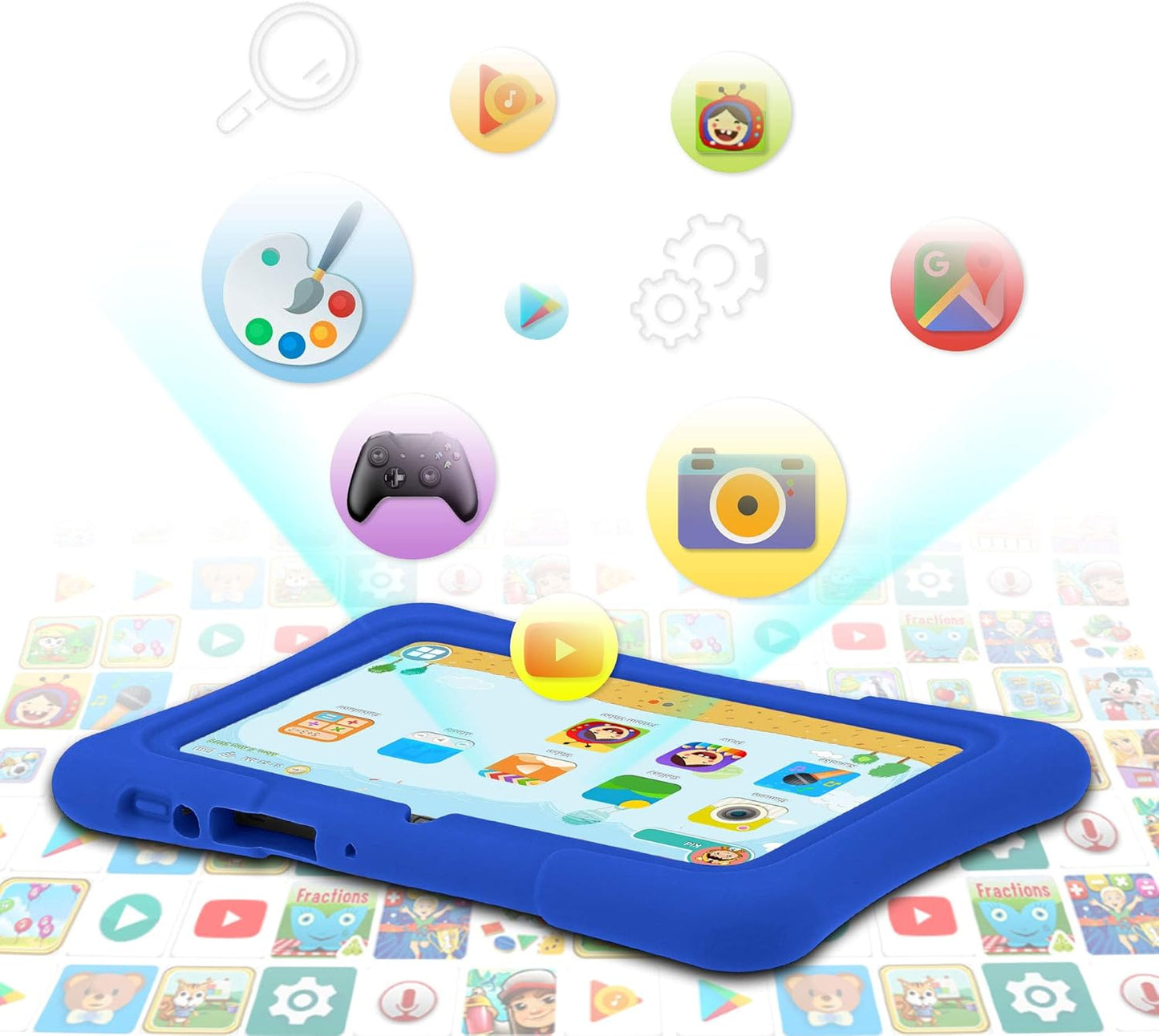 7 Inch Kids Tablet, Quad Core Tablet Android, 32 GB ROM, Wifi, Bluetooth, Dual Camera, Educationl, Games, Parental Control, Kids Software Pre-Installed with Kids-Tablet Case, Blue
