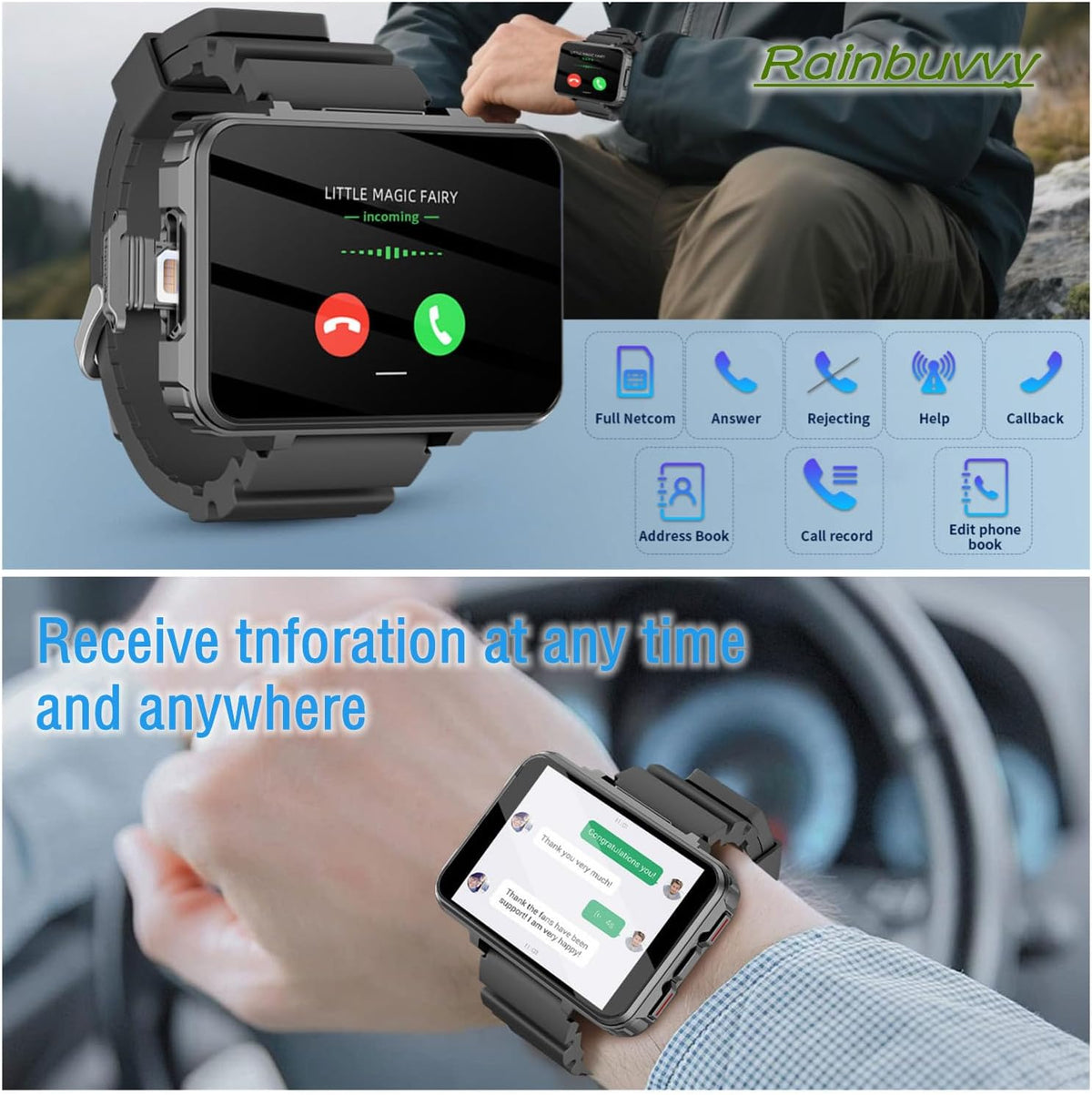 4G Smart Watch for Men 2.4" Display Android 10.7 4GB RAM 64GB ROM 1500Mah Watch Phone with Face ID Dual Camera Bluetooth GPS Waterproof Smartwatch (Black - 4GB+64GB)