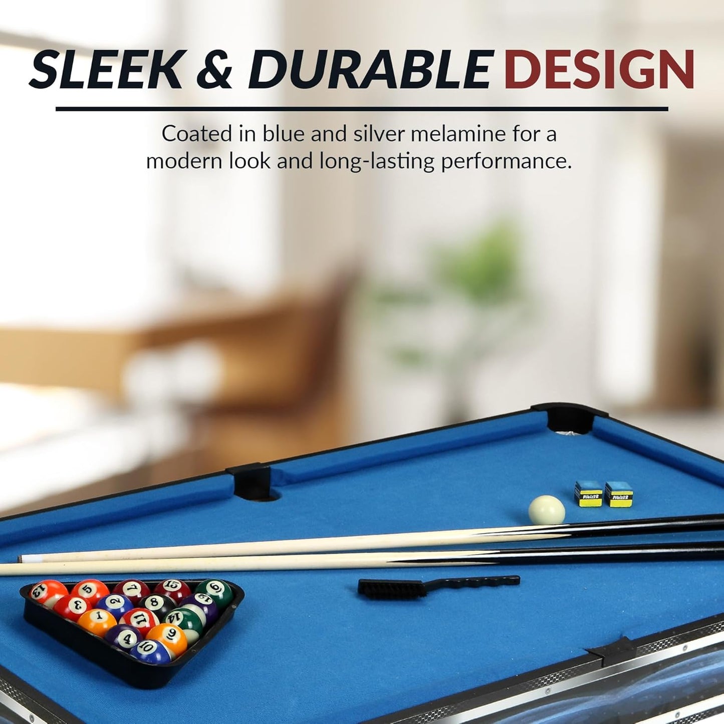 Breakout 40-In Tabletop Billiards Set for Dining or Game Tables – Compact Blue Pool Playing Surface with Cue Sticks, Ball Kit, Triangle, Chalk & Brush – Lightweight Portable Indoor Fun