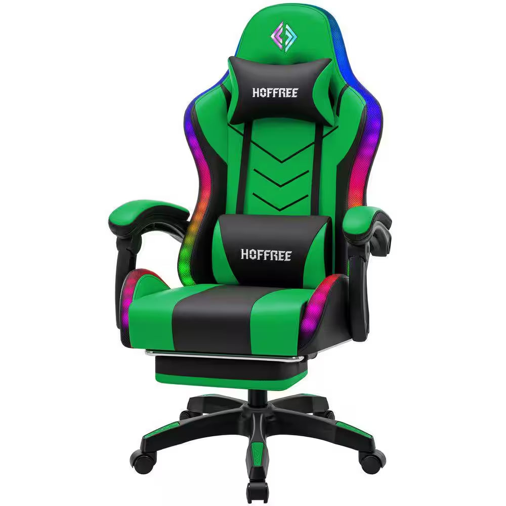 Faux Leather Gaming Chair with Speakers and Massage Ergonomic Music Rhythm LED Lights Game Chair in Green with Footrest