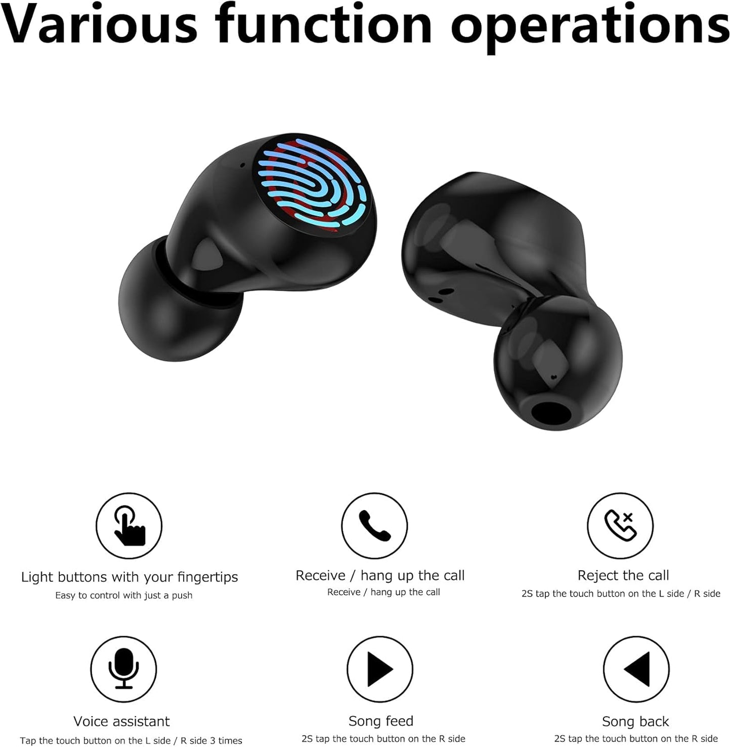 Bluetooth 5.1 Wireless Earbuds, IPX5 Waterproof Stereo Headphones with Mic and Touch Control, in Ear Noise Reduction Sports Earphones with Wireless Charging Case