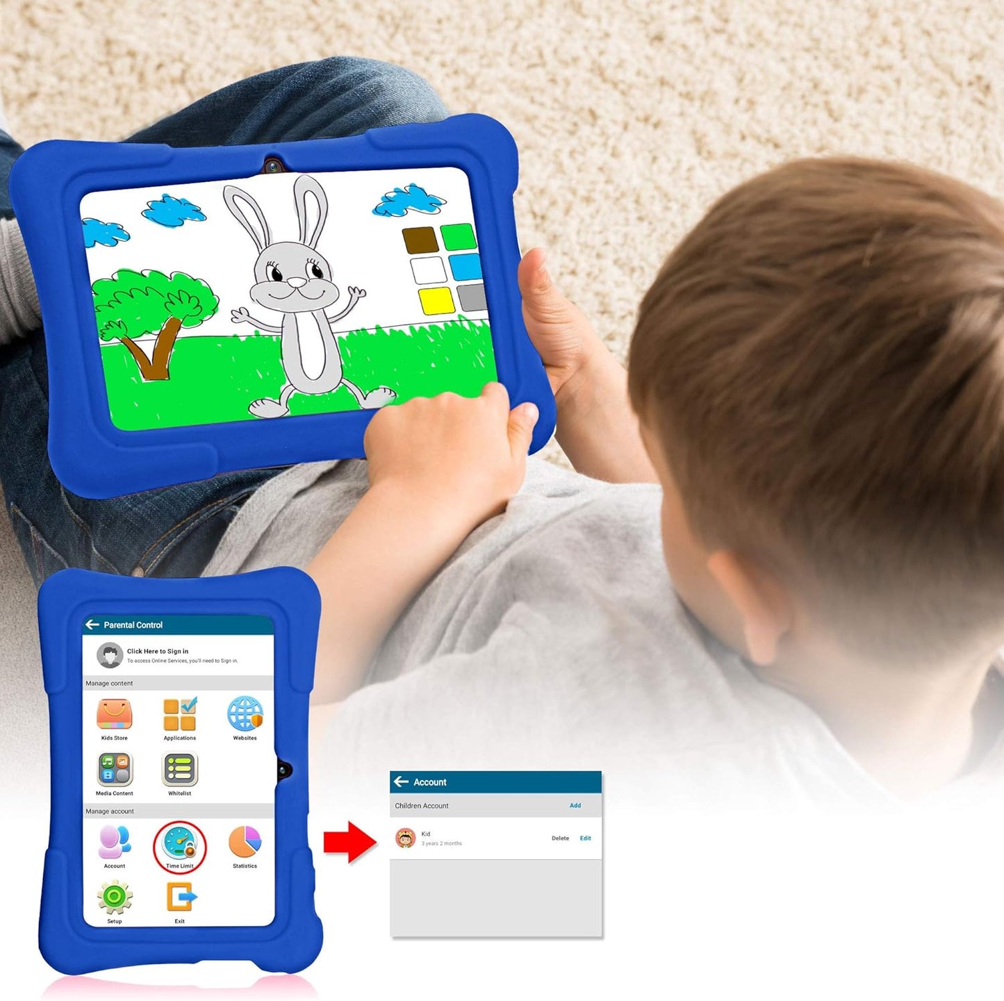 7 Inch Kids Tablet, Quad Core Tablet Android, 32 GB ROM, Wifi, Bluetooth, Dual Camera, Educationl, Games, Parental Control, Kids Software Pre-Installed with Kids-Tablet Case, Blue