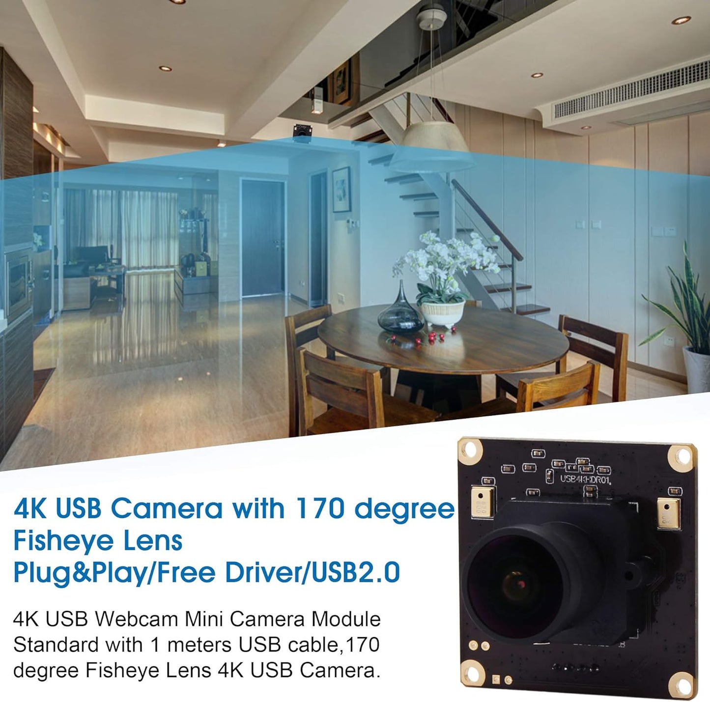 4K USB Camera Module Wide Angle with Microphone 170Degree Fisheye Lens Audio Video Webcam Board for Computer Mini UVC USB2.0 PC Camera Industrial USB with Camera IMX317 Lightburn Camera