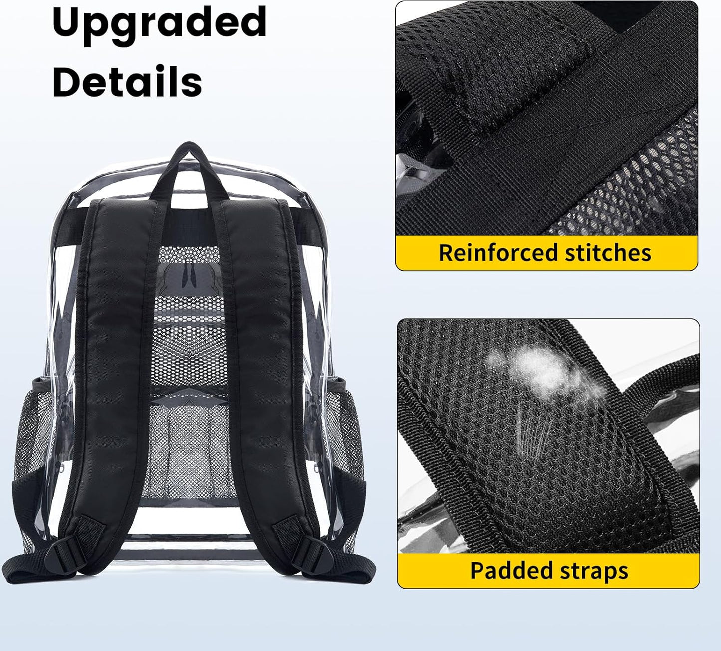 Clear Backpack Heavy Duty PVC Transparent Backpack with Reinforced Strap Stitches & Large Capacity for College Workplace Security - Black