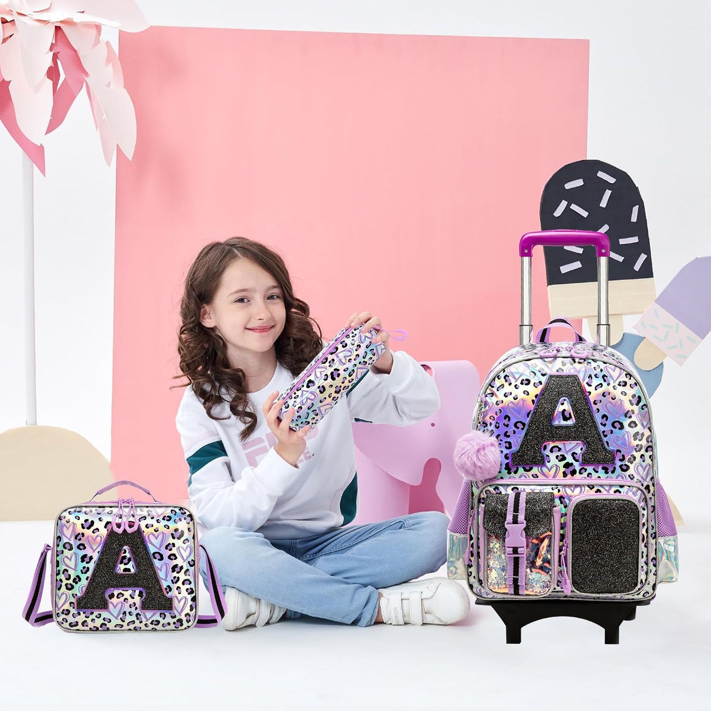 Kids Rolling Backpack for Girls Backpack with Wheels 3Pcs Rolling Backpacks for Kids, 16.5" Roller Backpacks for Girls with Lunch Box Pencil Case
