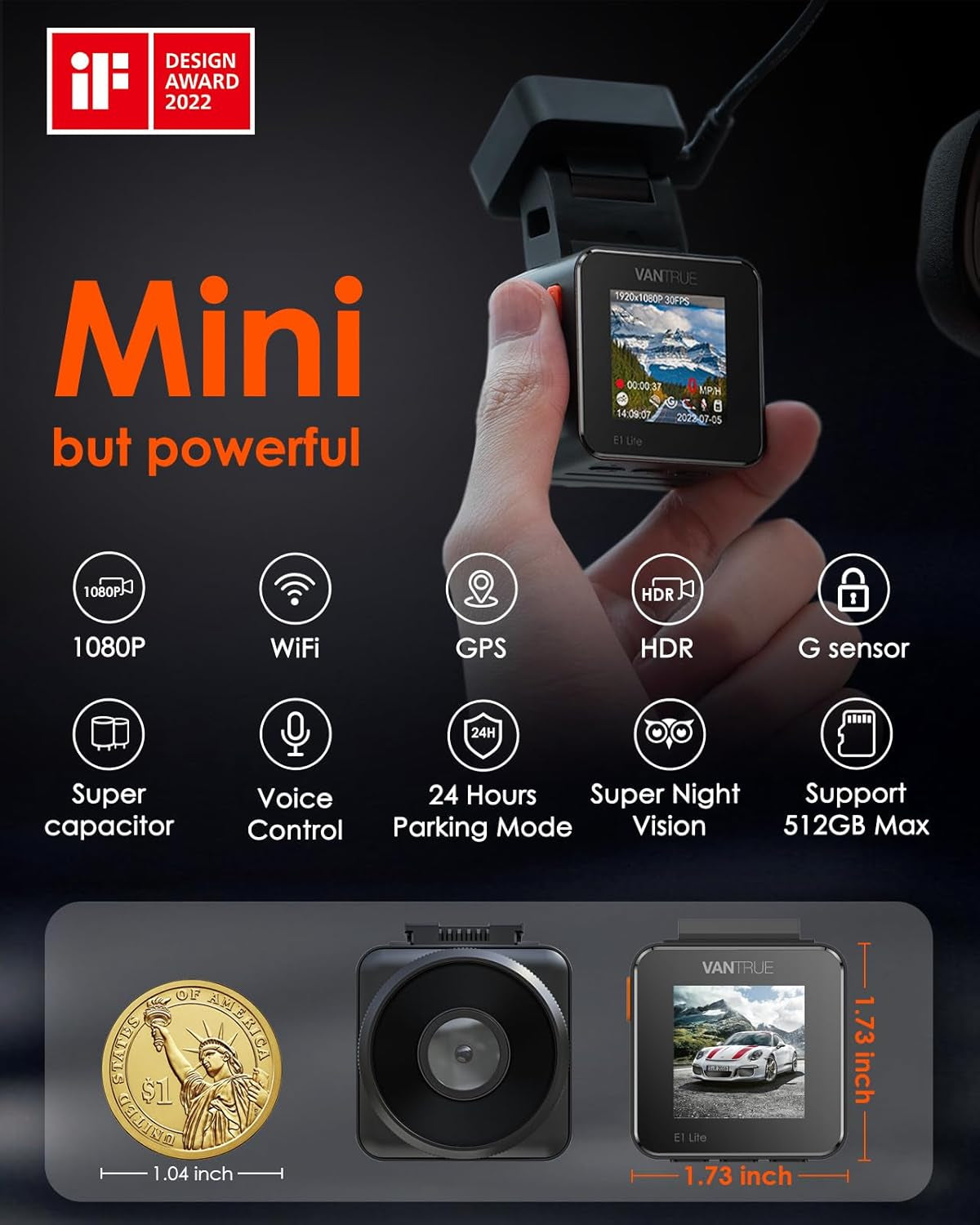 E1 Lite 1080P Wifi Mini Dash Cam with GPS and Speed, Free App, Voice Control Detachable Dash Camera, 24 Hours Parking Mode, Night Vision, Motion Detection, Loop Recording, Support 512GB Max