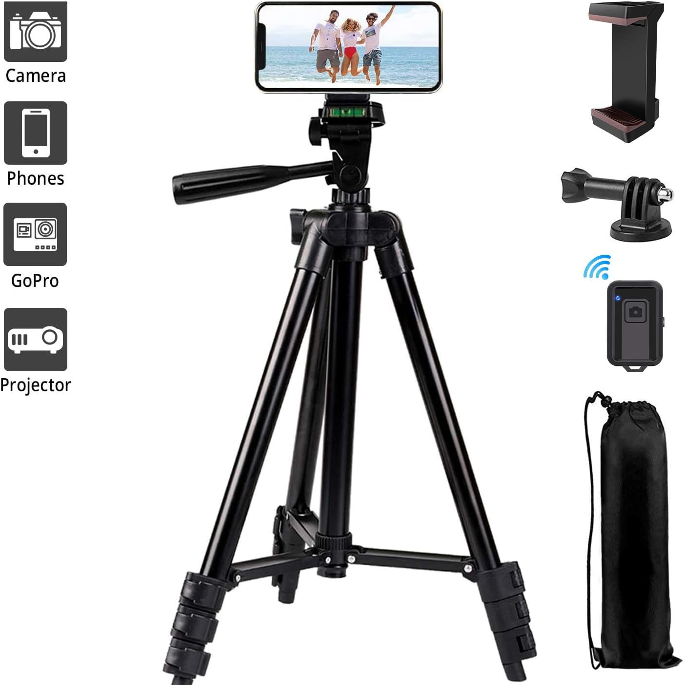 Phone Tripod, 42 Inches Portable Adjustable Cell Phone Tripod Stand with Phone Mount & Wireless Control Remote for Iphone/Android Smartphone - Black
