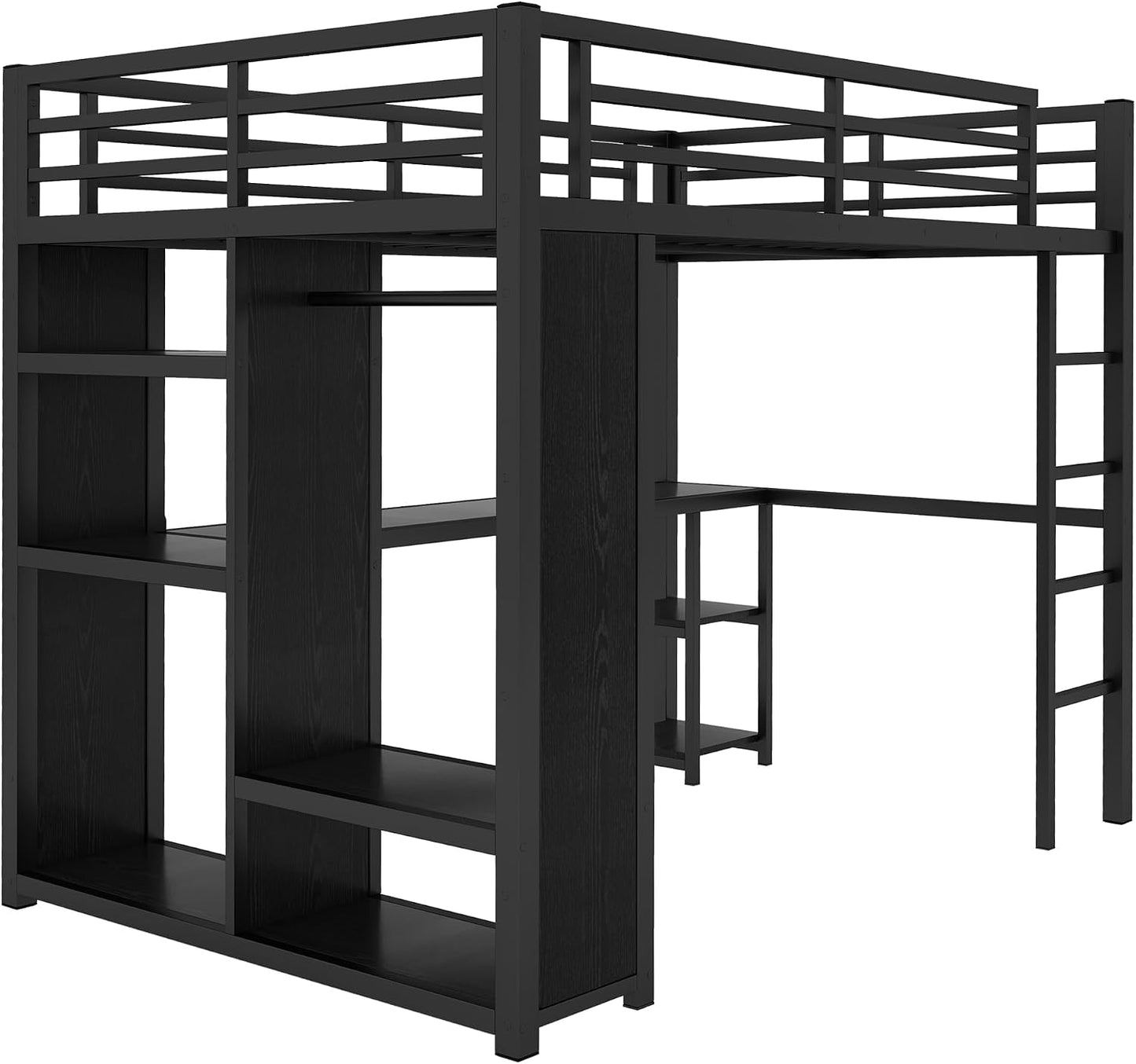 Full Size Loft Bed with Desk and Storage Shelves, Full Size Loft Bed with Wardrobe, Hanging Rod, Guardrail and Ladder, Balck