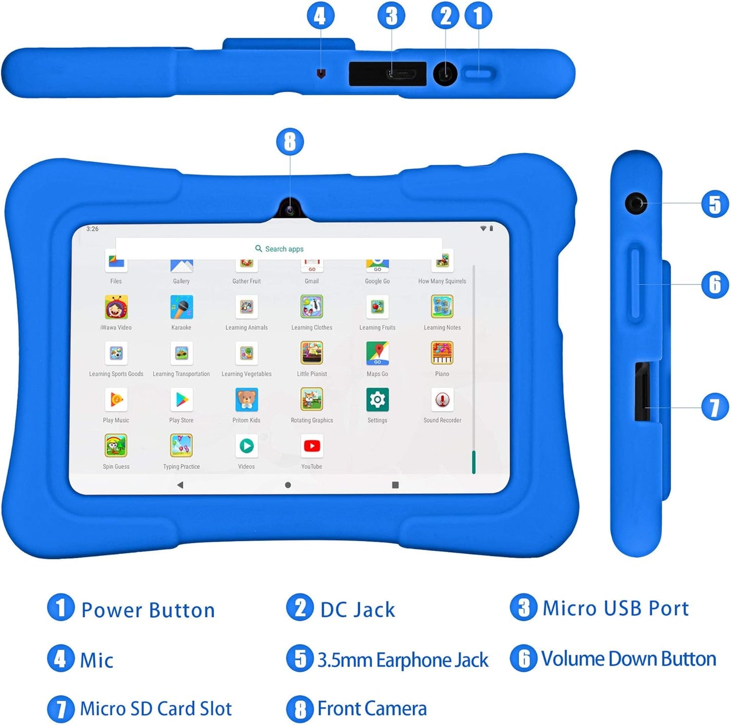 7 Inch Kids Tablet, Quad Core Tablet Android, 32 GB ROM, Wifi, Bluetooth, Dual Camera, Educationl, Games, Parental Control, Kids Software Pre-Installed with Kids-Tablet Case, Blue