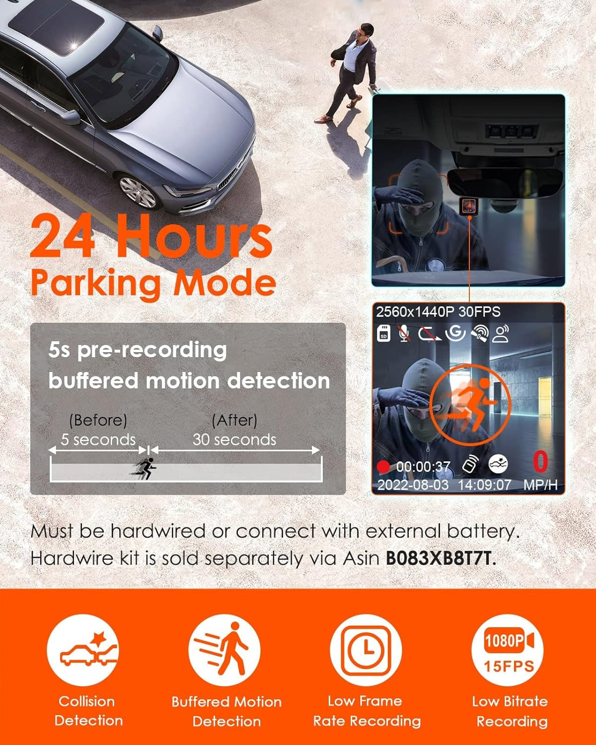 E1 Lite 1080P Wifi Mini Dash Cam with GPS and Speed, Free App, Voice Control Detachable Dash Camera, 24 Hours Parking Mode, Night Vision, Motion Detection, Loop Recording, Support 512GB Max