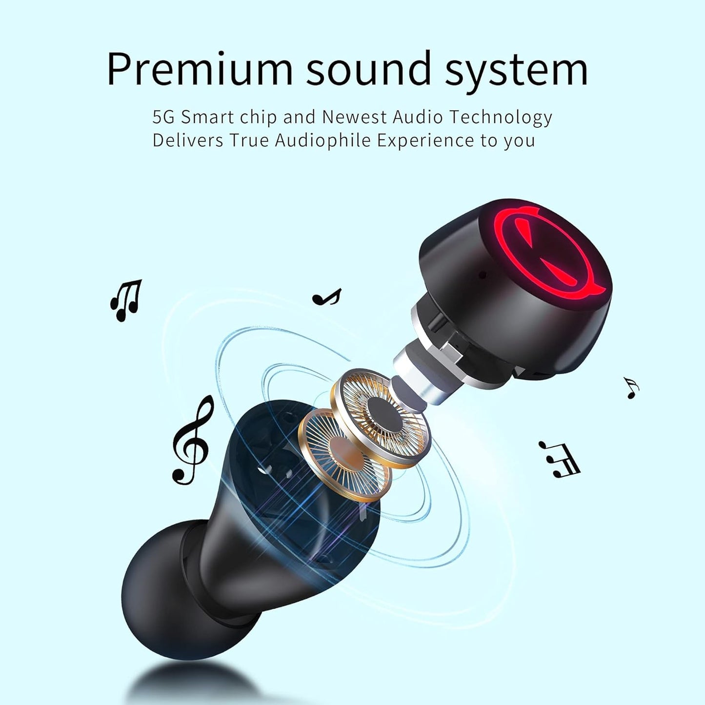 Bluetooth 5.1 Wireless Earbuds, IPX5 Waterproof Stereo Headphones with Mic and Touch Control, in Ear Noise Reduction Sports Earphones with Wireless Charging Case