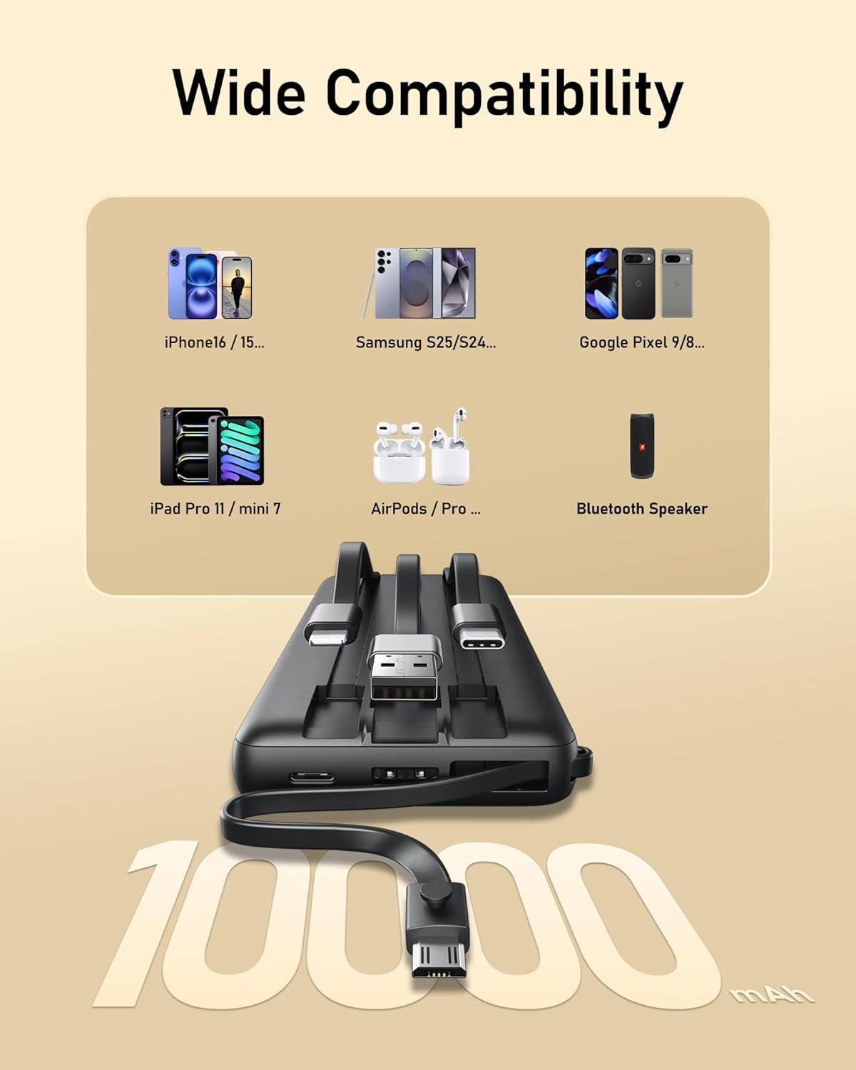 Portable Charger Built-In Cables,10000Mah Power Bank for Iphone,Fast Charge USB C Battery Pack Travel Essentials Powerbank Compatible with Iphone 17/16/15/14, Samsung S25/24, Android, Etc