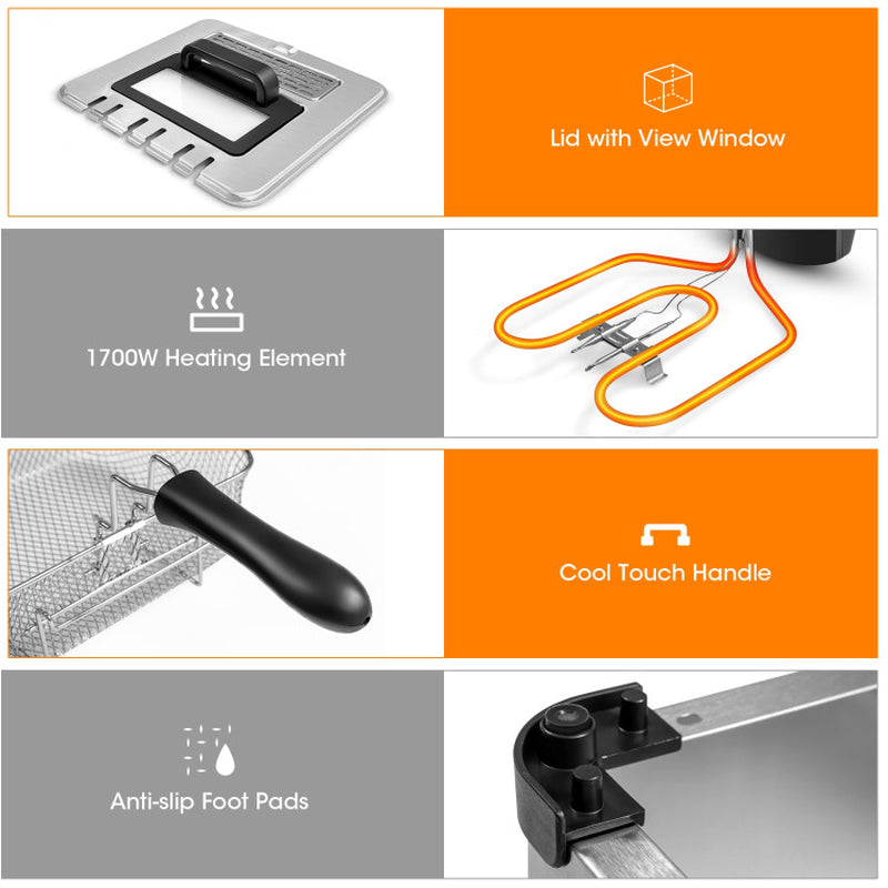 Electric Deep Fryer 5.3Qt/21-Cup Stainless Steel 1700W with Triple Basket