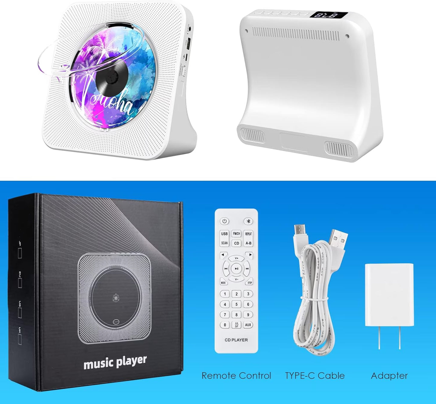 Portable CD Player with Bluetooth, Desktop CD Music Players for Home Built-In Double Hifi Sound Speakers, Support AUX&USB Headphone Jack, FM Radio Boombox, LCD Screen Display for Kids Gift