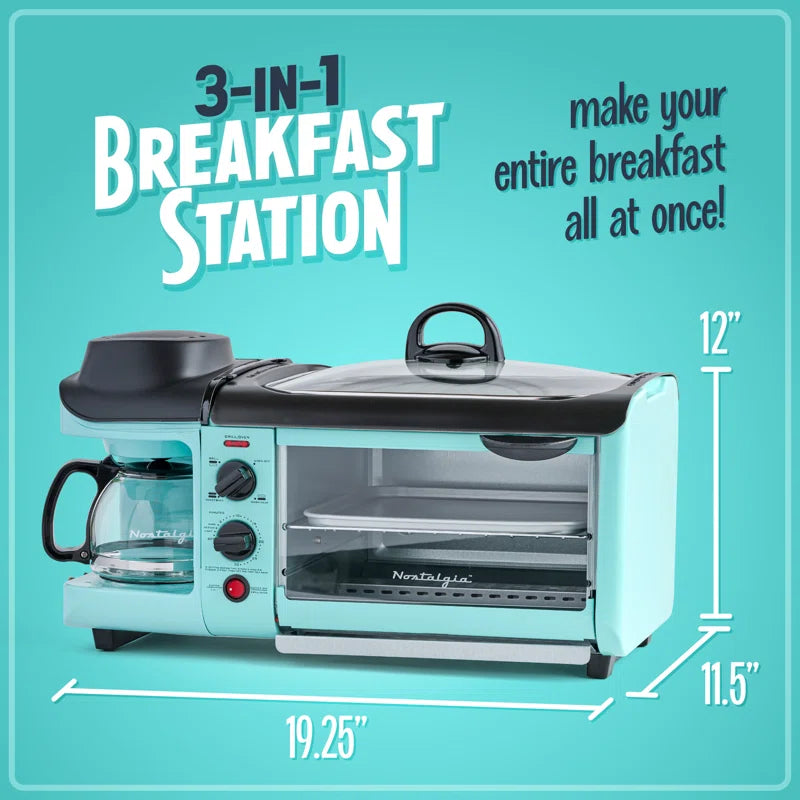 Retro 3-In-1 Family Size Electric Breakfast Station, Coffeemaker, Griddle, Toaster Oven, Aqua