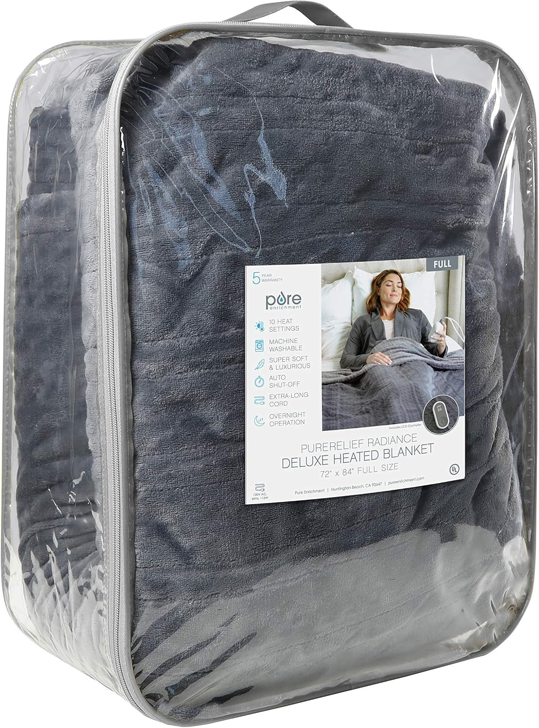 Purerelief Deluxe Heated Blanket - 10 Heat Settings, Super Soft Micromink Velvet Fabric, LCD Controller, Auto Shut-Off Timer, Machine Washable - Full Size Electric Blanket