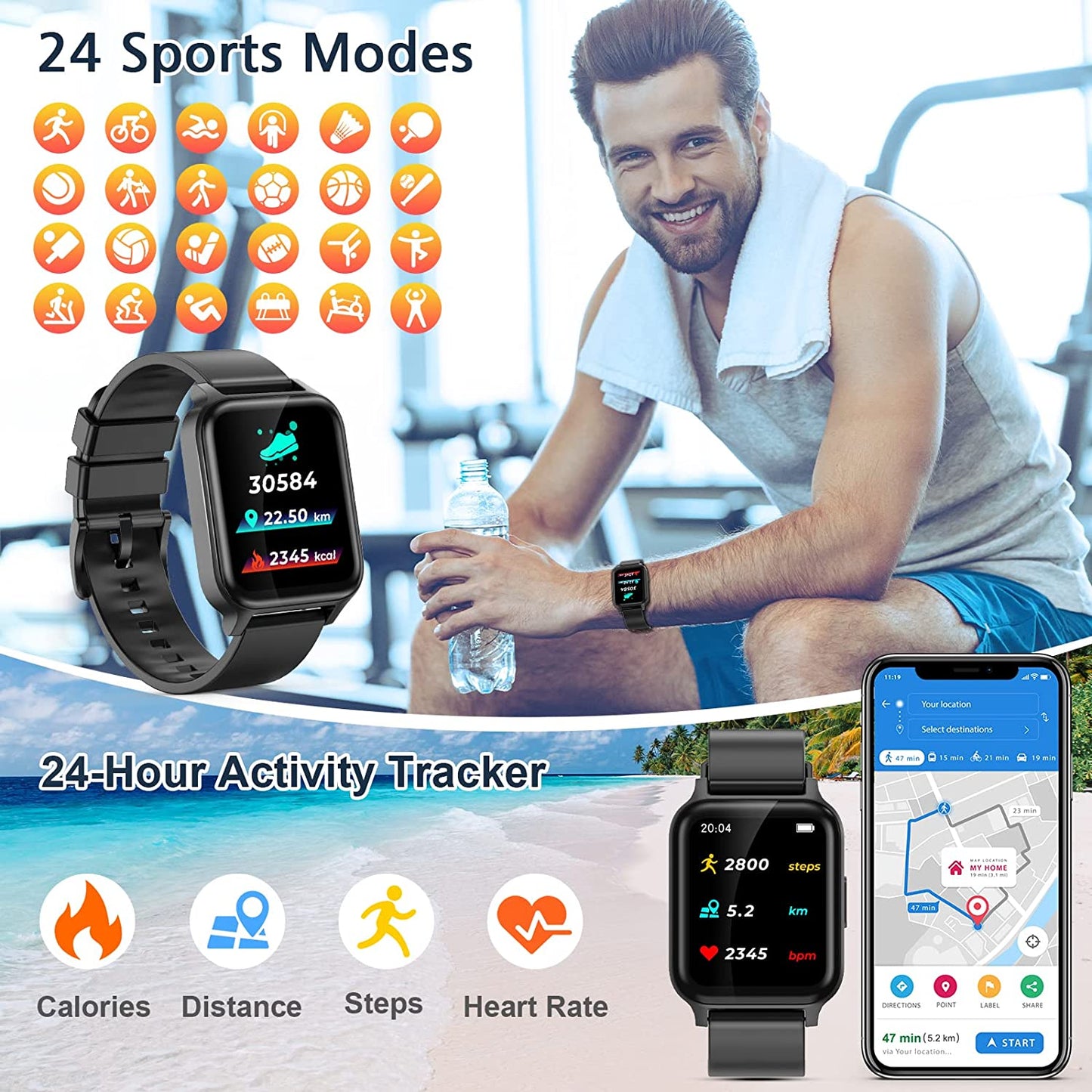 Smart Watch for Android Phones 1.69" Touch Screen Smart Watches for Women Men Smartwatch Fitness Watches with Heart Rate Monitor Sleep Tracker Calorie Pedometer Sports Activity Fitness Tracker