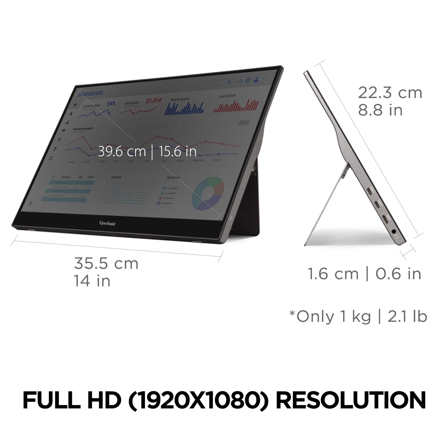15.6 Inch 1080P Portable Monitor with IPS Touchscreen, 2 Way Powered 60W USB C, Eye Care, Dual Speakers, Built in Stand with Cover (TD1655)