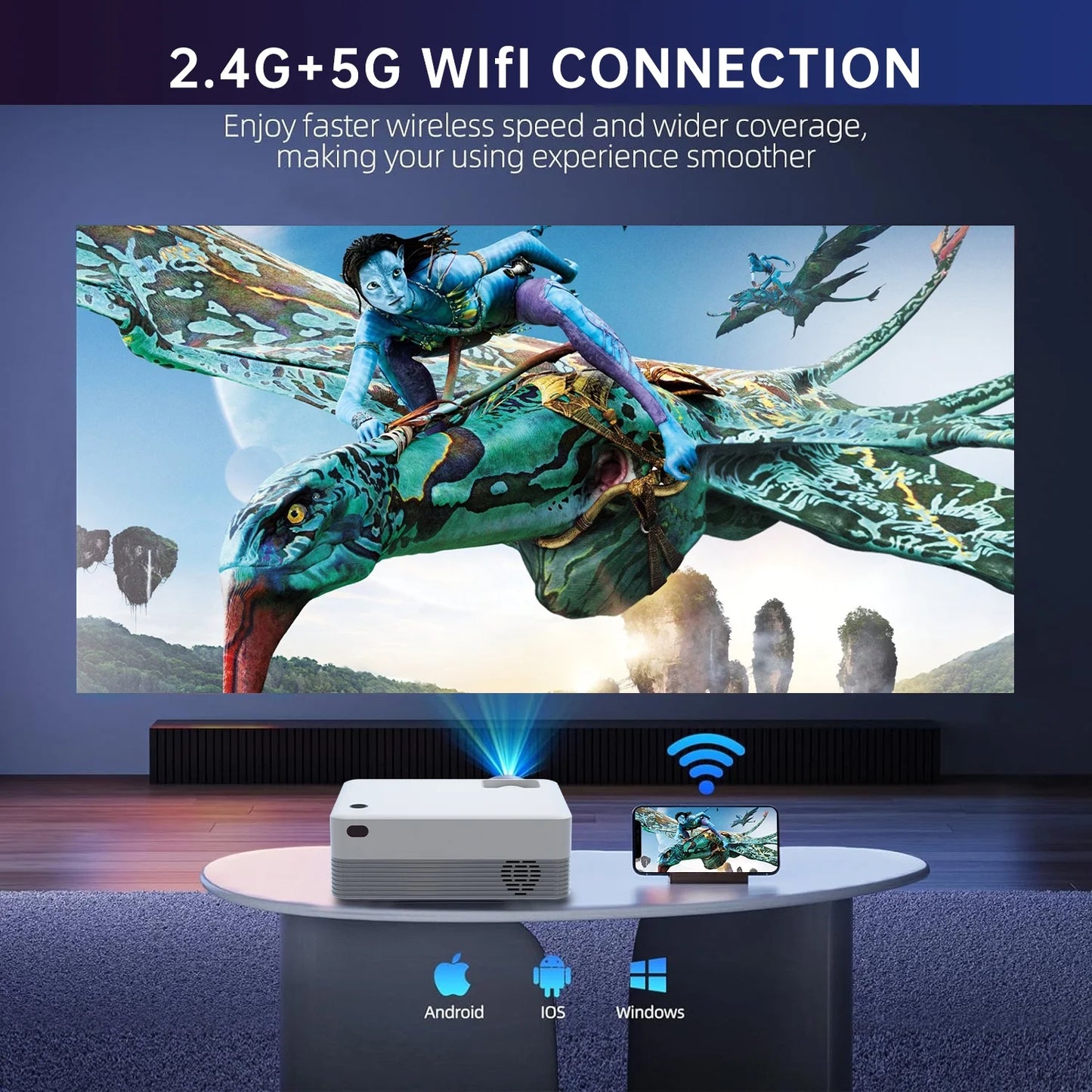 5G Wifi Projector with Bluetooth, 2024 Upgrade Native 1080P Projector for Outdoor & Camping, Wireless Mini Movie Projector Support 4K Resolution, for Home & Camping & Party