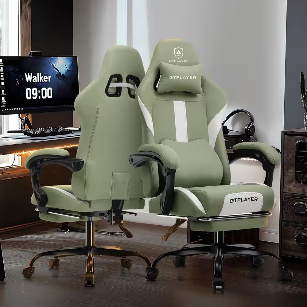 Breathable Fabric Computer Chair with Footrest and Pocket Spring Cushion Ergonomic Gaming Chair, Green