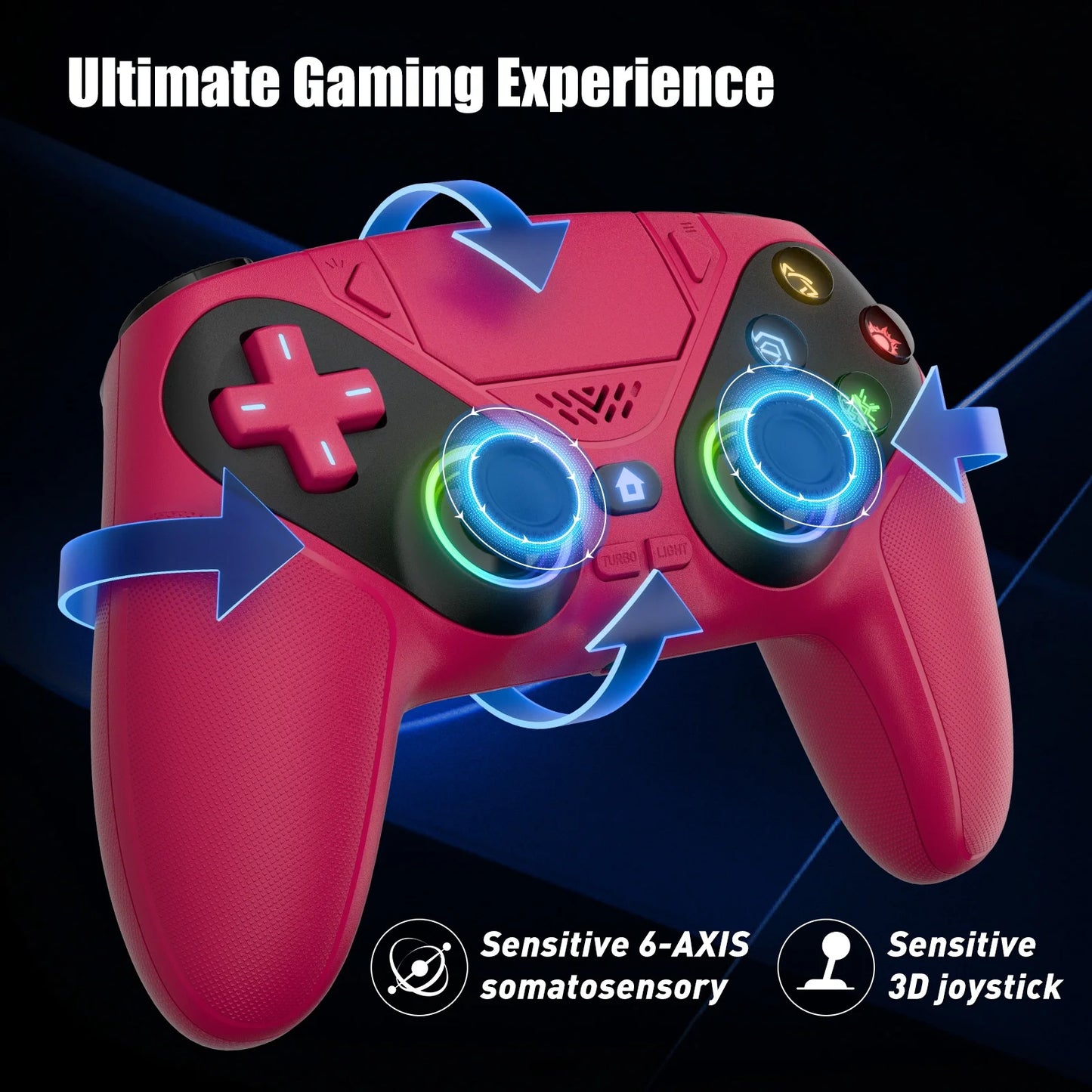 LED Wireless Controller for P5, Seven Light Colors Compatible with P5 Pro/Slim/Pc, Dual Vibration, 3.5Mm Audio Jack,Macro/Turbo Function, 6-Axis Motion Contro Gamepad with Speaker(Red)