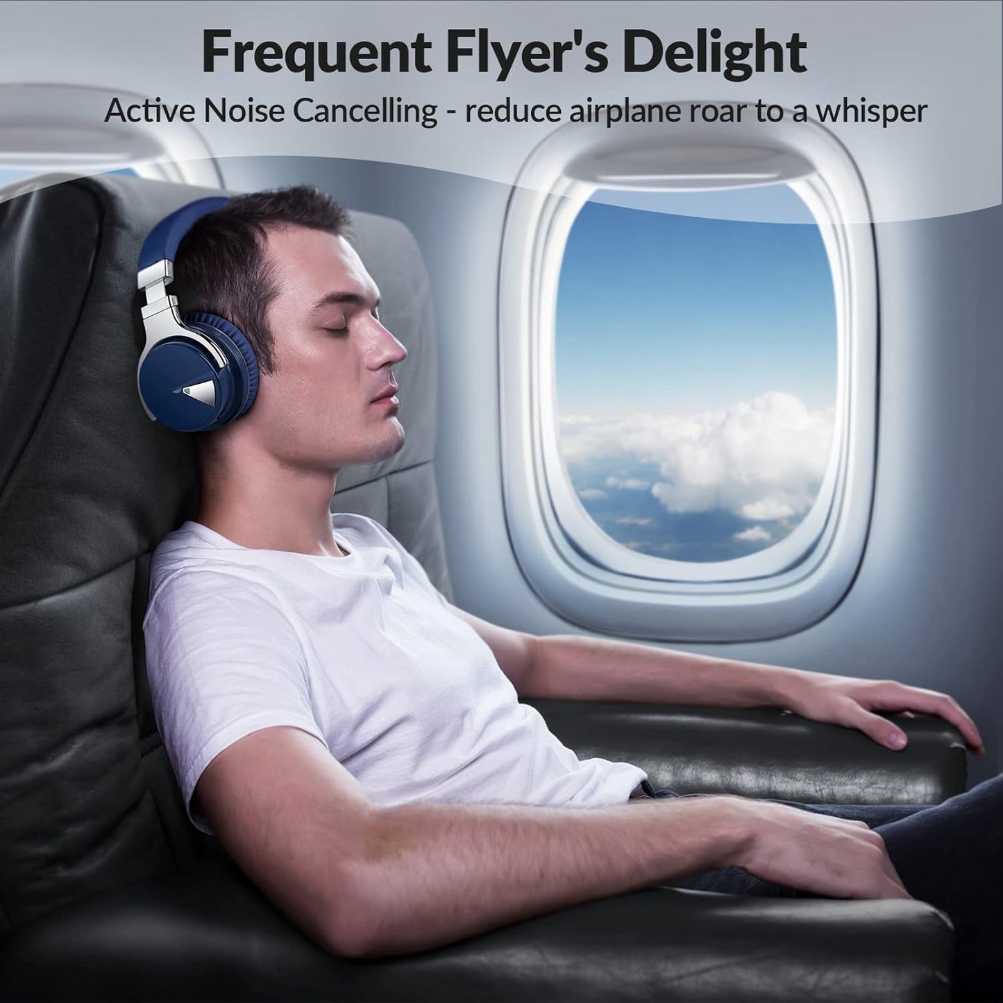 E7 Active Noise Cancelling Headphones Bluetooth Headphones with Microphone Deep Bass Wireless Headphones over Ear, Comfortable Protein Earpads, 30 Hours Playtime for Travel/Work, Navy