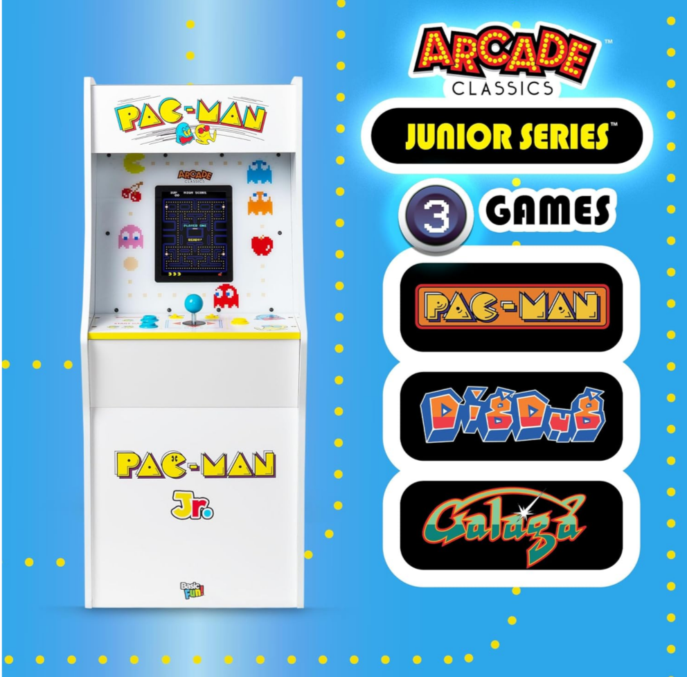 Pac Man Jr Series Free Standing Machine, 3 Games, 8" Liquid Crystal Screen - Arcade Game for Basements, Garages, or Game Rooms