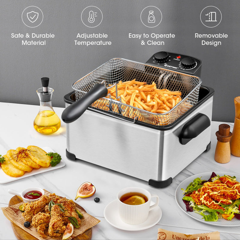 Electric Deep Fryer 5.3Qt/21-Cup Stainless Steel 1700W with Triple Basket