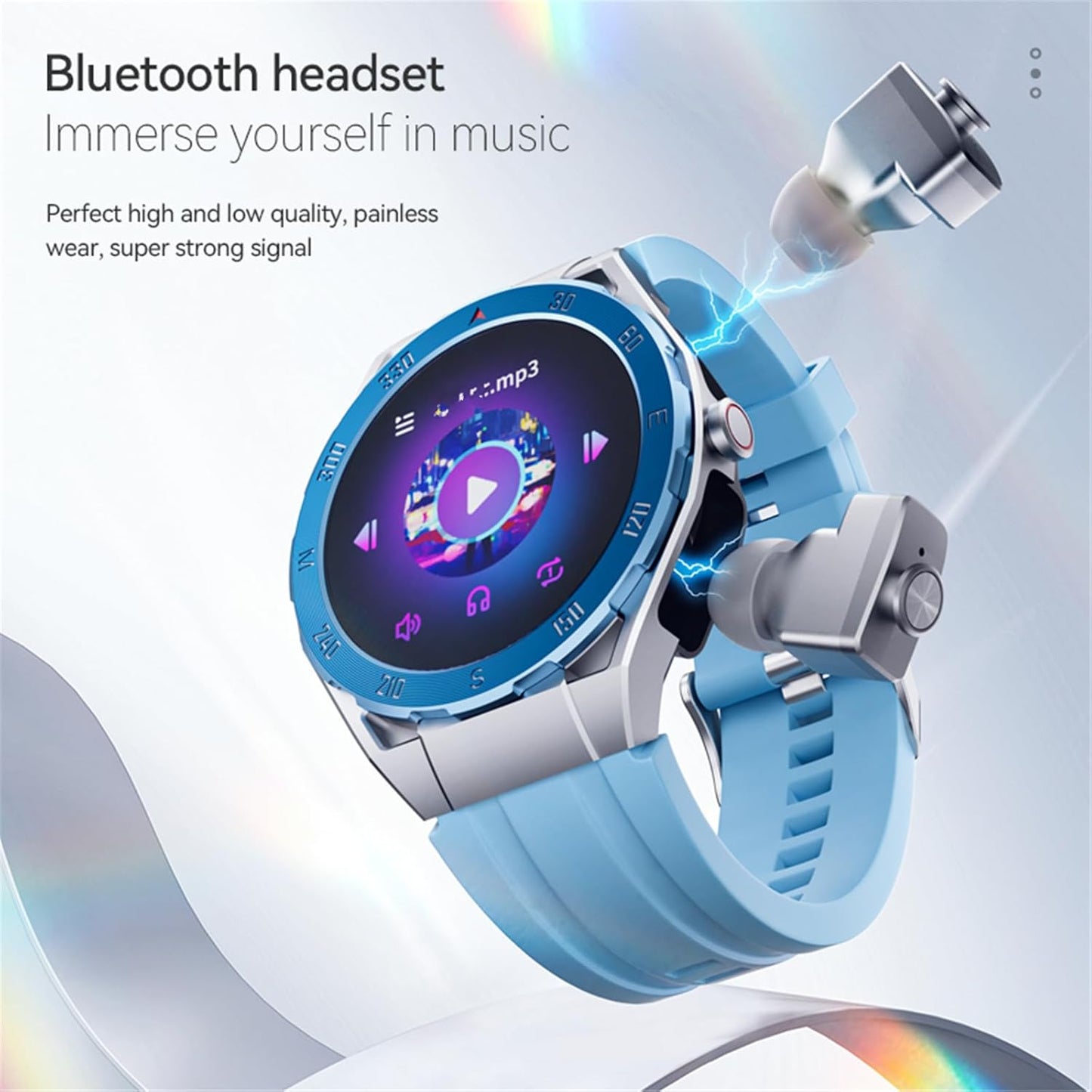 F33 Smart Watch with Earbuds 3 in 1 MP3 Bluetooth Headset 1.43 Inch Smartwatch Built-In Wireless Earbuds Speaker round Fitness Tracker Body Health Monitor 4GB Memory Local Music Player (Light Blue)
