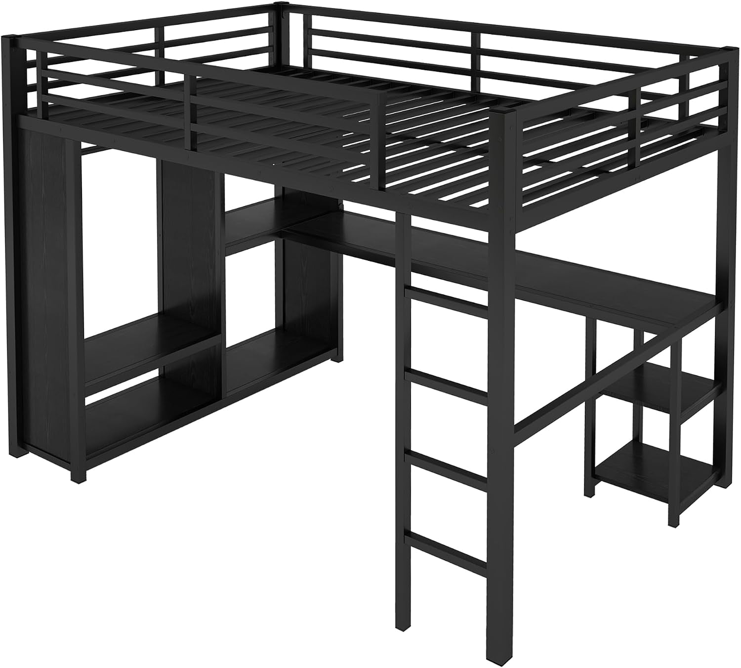 Full Size Loft Bed with Desk and Storage Shelves, Full Size Loft Bed with Wardrobe, Hanging Rod, Guardrail and Ladder, Balck