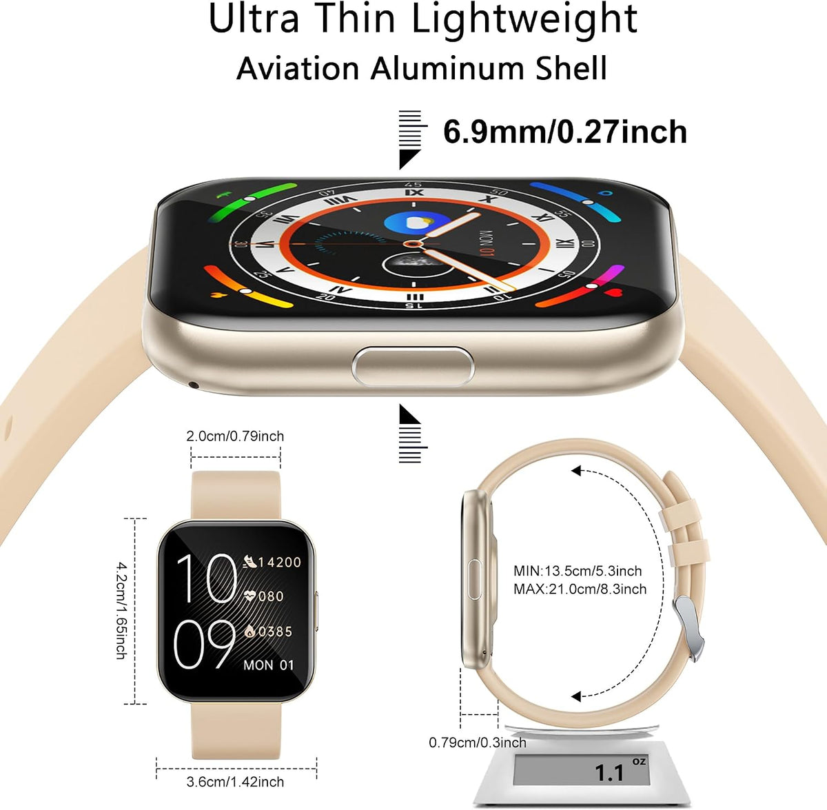 Ultra-Thin Aluminum Smart Watches for Wome (C-Gold)