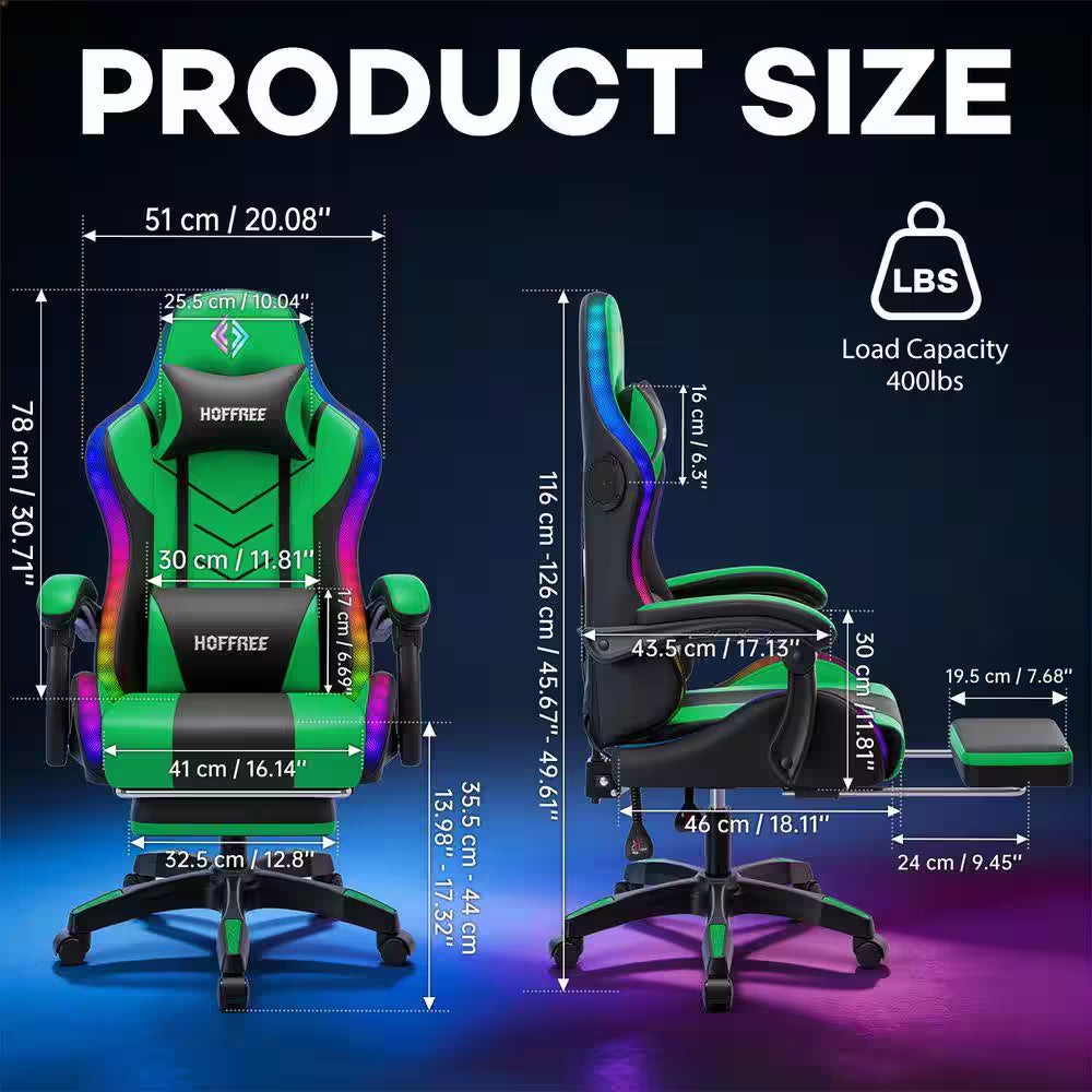 Faux Leather Gaming Chair with Speakers and Massage Ergonomic Music Rhythm LED Lights Game Chair in Green with Footrest