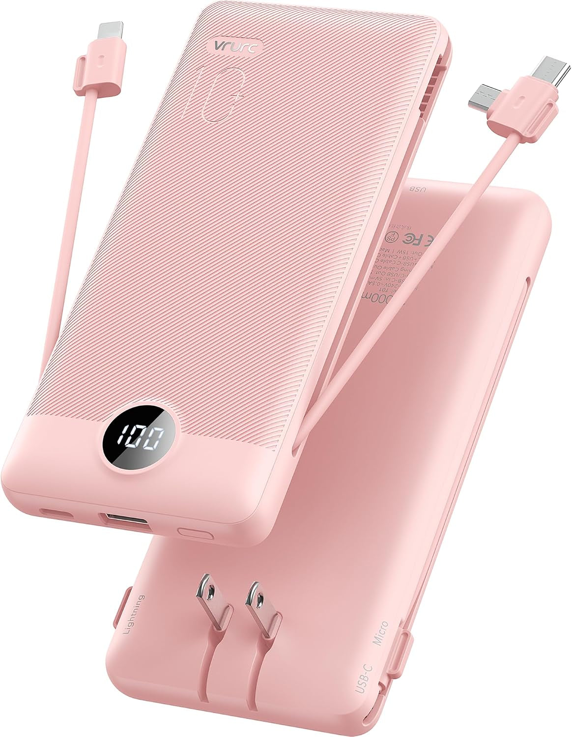 Portable Charger, Power Bank Built-In Cables and AC Wall Plug