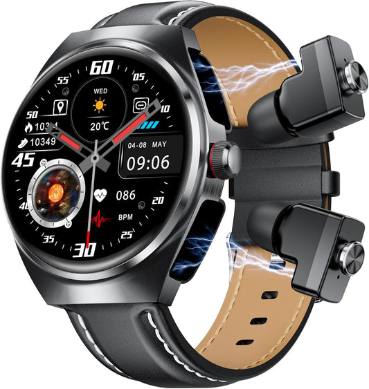 Smart Watch with Earbuds for Android Iphone,Round 1.53”HD Big Screen (Make/Answer Calls) Fitness Tracker,All-In-One Smartwatches Long Time Standby TWS Music Watch for Men Women