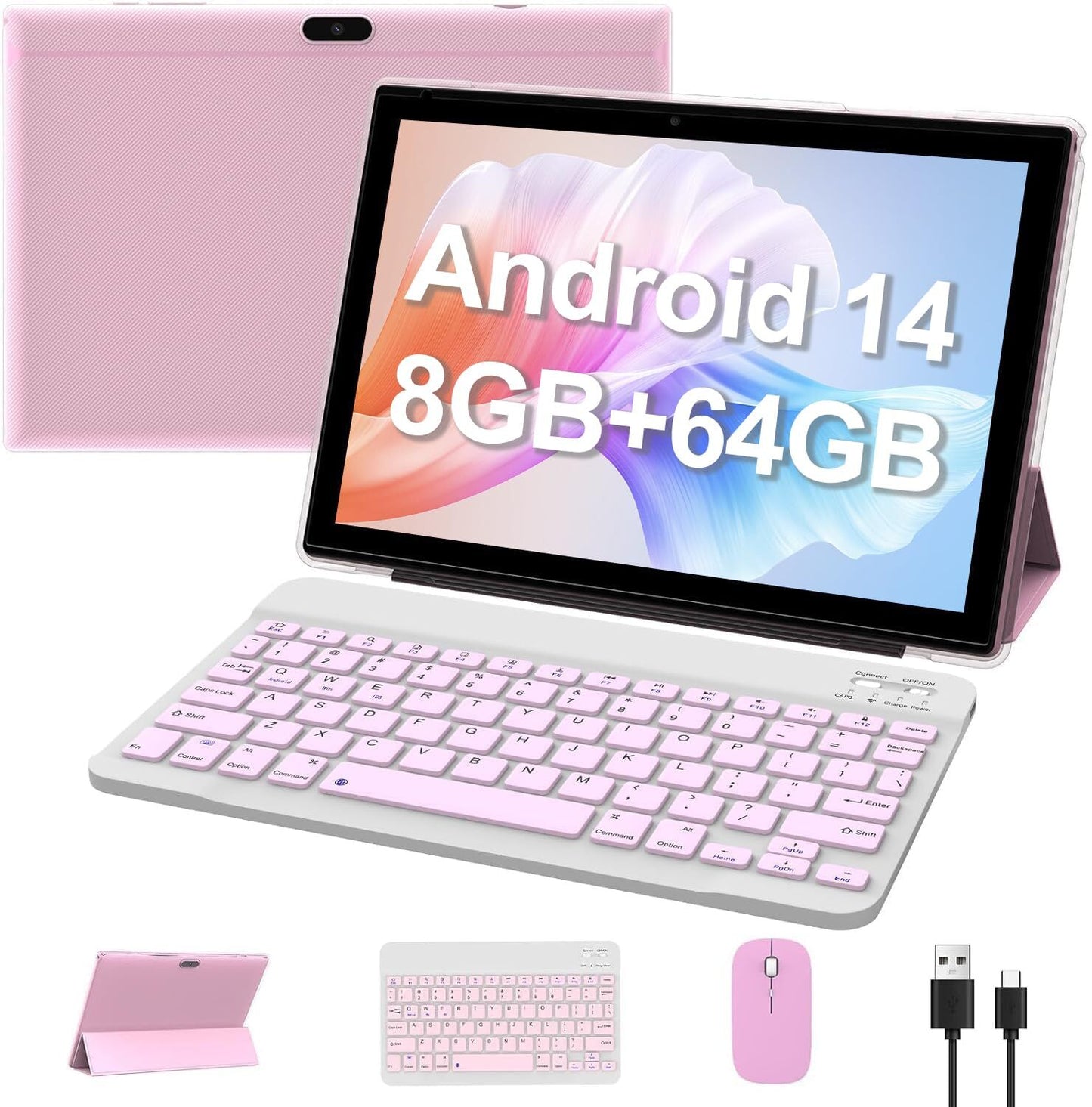 Android 14 Tablet 10 Inch, 2024 Newest 2 in 1 Tablets with Keyboard/ Mouse/ C...