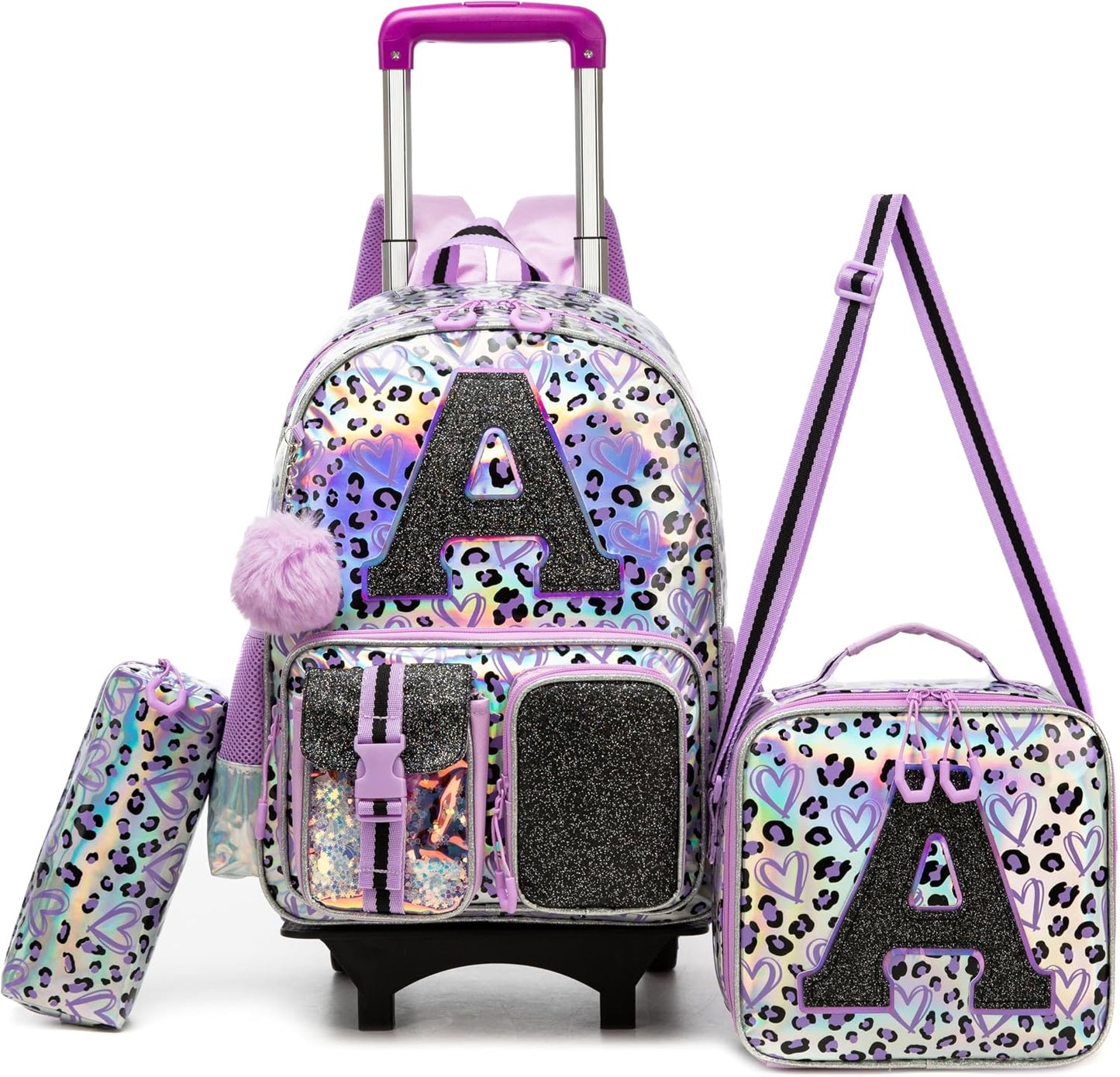 Kids Rolling Backpack for Girls Backpack with Wheels 3Pcs Rolling Backpacks for Kids, 16.5" Roller Backpacks for Girls with Lunch Box Pencil Case
