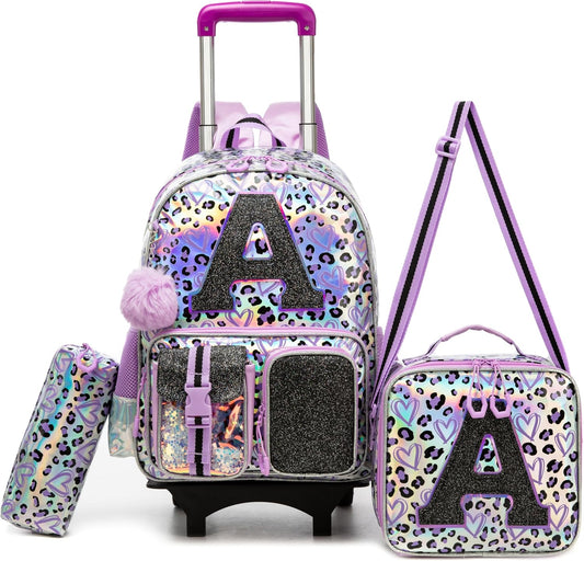 Kids Rolling Backpack for Girls Backpack with Wheels 3Pcs Rolling Backpacks for Kids, 16.5" Roller Backpacks for Girls with Lunch Box Pencil Case