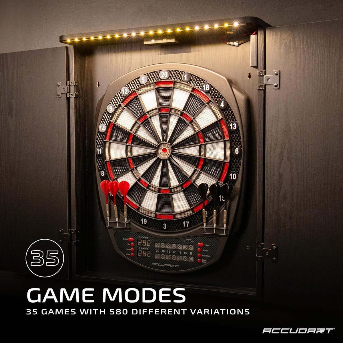 NOVA Electronic Dartboard with Cabinet – 35 Games, 580 Variations, Dual LED Scoring, Auto LED Cabinet Lighting, Virtual Opponent, Ac/Battery Power – Includes Soft Tip Darts
