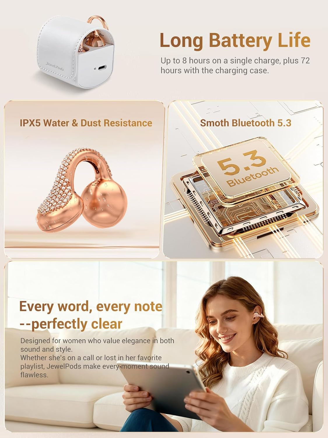 Jewelpods C01 Pro Open Ear Headphones, Luxury Jewelry Earbuds, Rose Gold | Clip-On Wireless Bluetooth Earbuds Secure, Lightweight, Premium Audio-Water Resistant-Up to 72 Hrs Play,Gift for Her