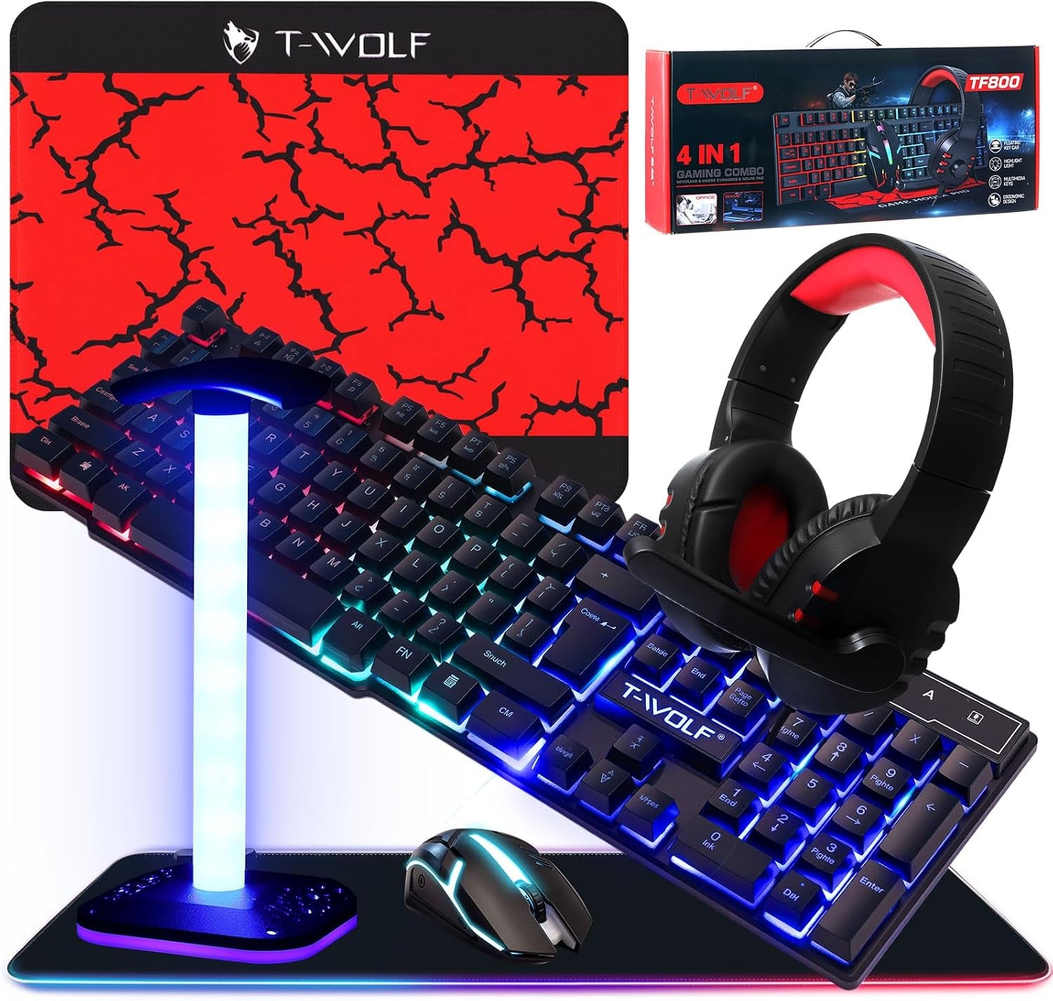 6 in 1 Gaming Accessories Bundle Includes Keyboard, Mouse, Mouse Pad, Headset, LED XL Mouse Pad, Luminous Headphone Stand Backlight PC Gaming Set for PC Beginner Gamer Gift Favors