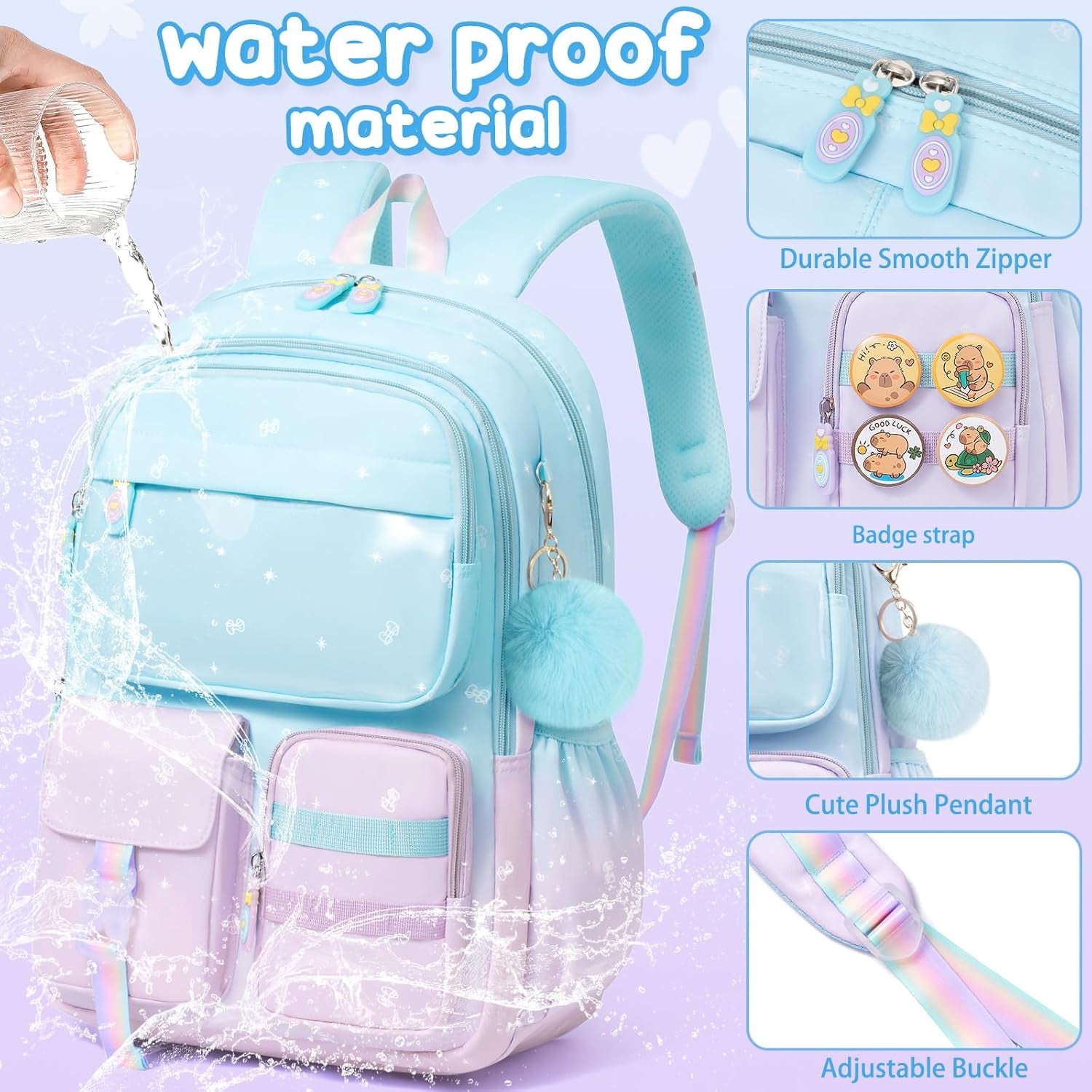 Backpack for Girls, 3 PCS Waterproof Kids Backpack with Lunch Box & Pencil Case, Gradient Backpacks for Teen Girl Kindergarten Elementary Middle High School Student Back to School Bookbag Set