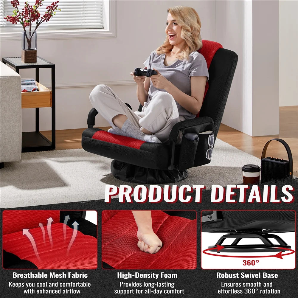 Swivel Floor Gaming Chair with Adjustable Backrest, Black/Red