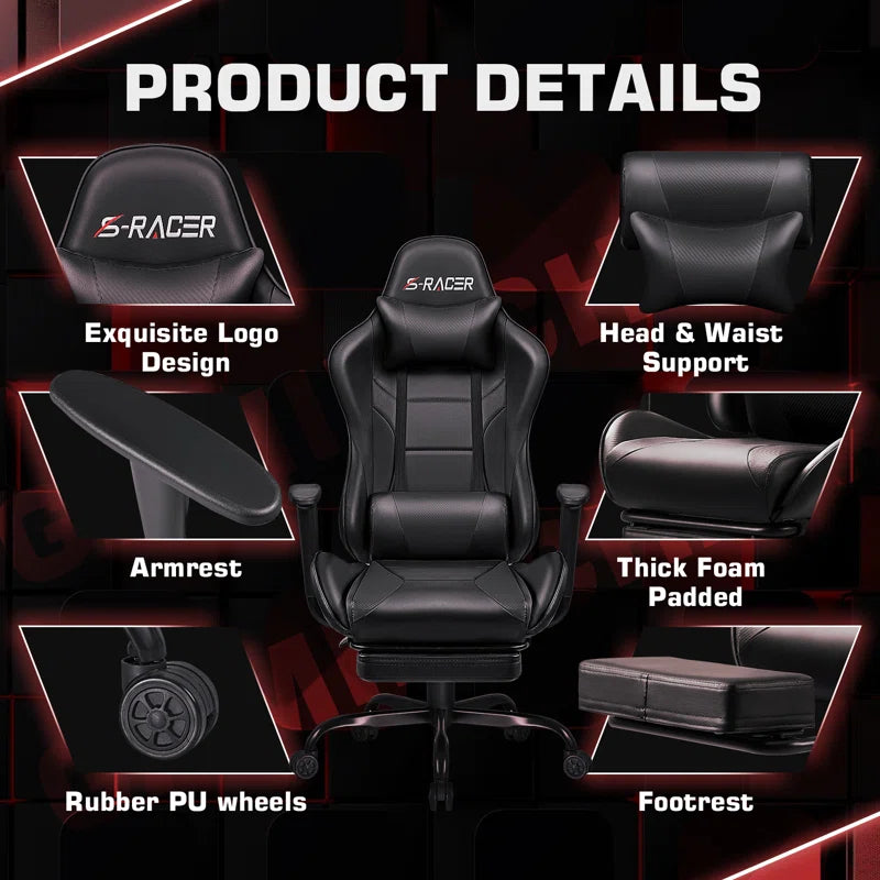 High-Back Massage Adjustable Reclining Ergonomic Faux Leather Swiveling PC & Racing Game Chair with Footrest