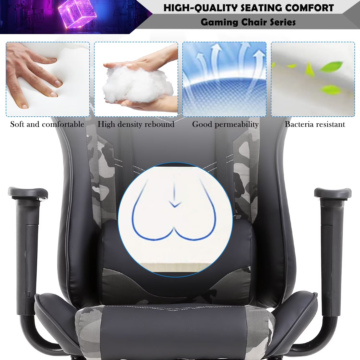 Gaming Chair Racing Office Chair Ergonomic Desk Chair Massage PU Leather Recliner PC Computer Chair with Lumbar Support Headrest Armrest Footrest Rolling Swivel Task Chair for Adults, Camo