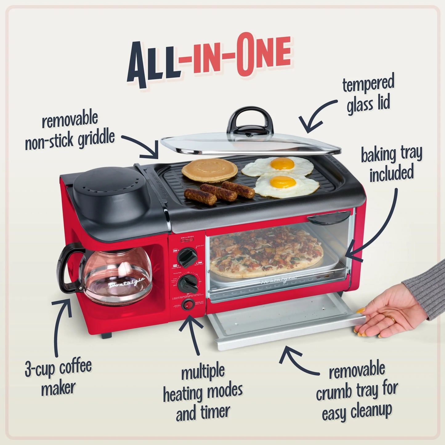 Retro 3-In-1 Breakfast Station with Coffeemaker, Griddle, and Toaster Oven, Retro Red