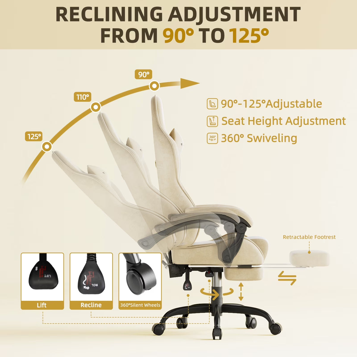 Velvet Fabric Gaming Chair with Footrest High Back Ergonomic Reclining Computer Gamer Chair with Headrest and Massage Racing Style PC Video Game Chair Suitable for Adults, Beige