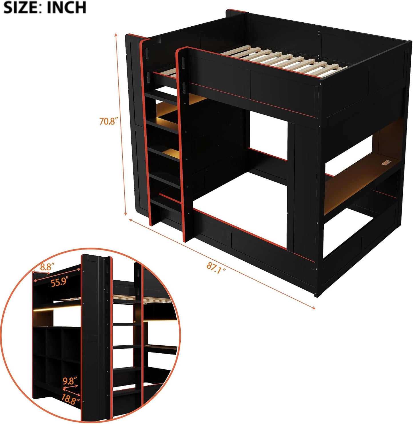 Full Size Wood Gaming Bunk Bed, Gaming Loft Bed with Desk, Storage Shelves, Charging Station, Black